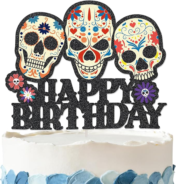 Sugar Skull Birthday Cake Topper - Glitter Sugar Skull Birthday Party Decorations for Party Supplies Day of Dead Cake Topper - skull plate