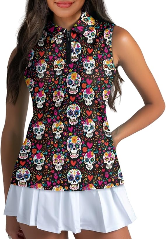 GULANGYU Halloween Print Womens Golf Shirt Sleeveless Polo Shirts Tennis Tank Top - skull tank tops