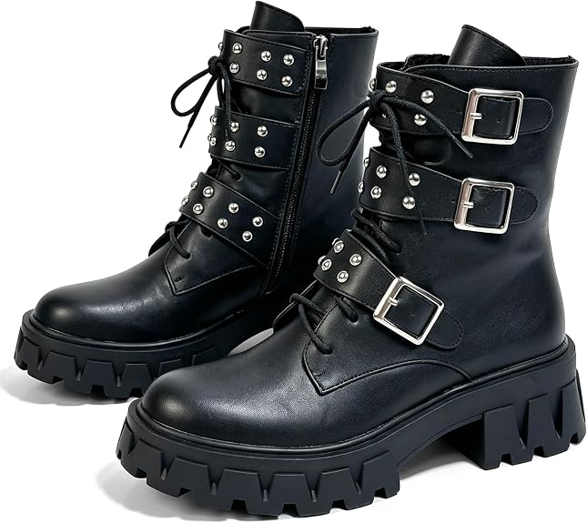 MEOTINA Platform Combat Boots Goth Chunky High Heel Punk Motorcycle Booties - sugar skull costume