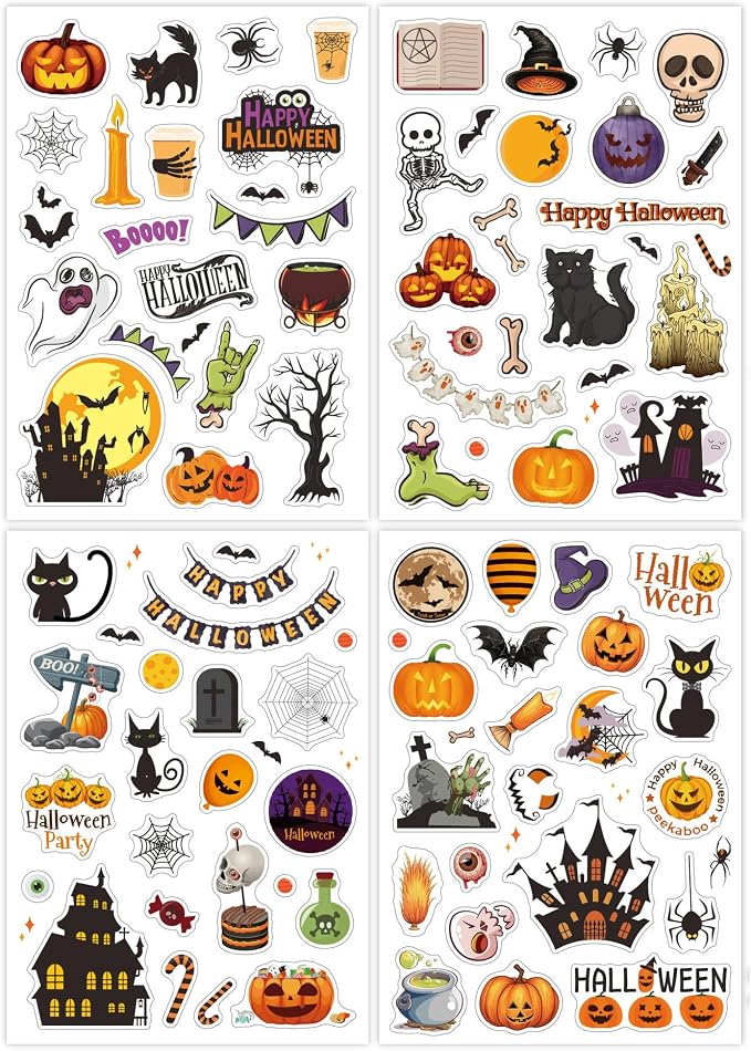 90pcs Sparkly Holographic Halloween Adhesive Stickers 4 Sheets Pumpkin Theme Stickers Vinyl Waterproof Diary Treat Bags, Goodie Bags Halloween Holiday Party Favors (Halloween 4 Sheets) - skull sticker