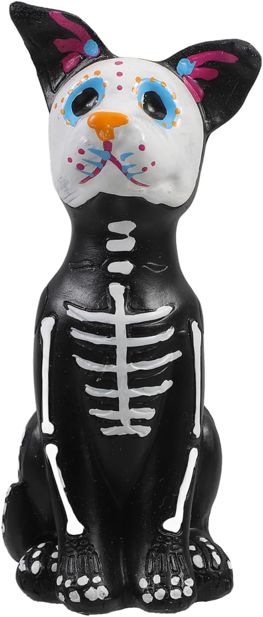 Homoyoyo Day of The Dead Dog and Cat Figurine: Resin Dog Statue Halloween Animal Statue Day of The Dead Decor Spooky Animal Sculpture for Halloween Home Desk Decor - skull plate