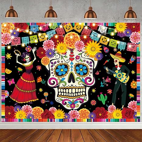 7x5ft Day of The Dead Backdrop Mexican Fiesta Sugar Skull Flowers Banner - skull sticker