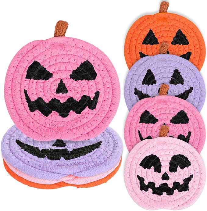 Whaline Halloween Pumpkin Cotton Coasters Colored Pumpkin Face Handmade Braided Drink Coasters Pink Purple Orange Absorbent Cup Mats for Trick or Treat Party Home Table Decor, Set of 4 - skull coaster
