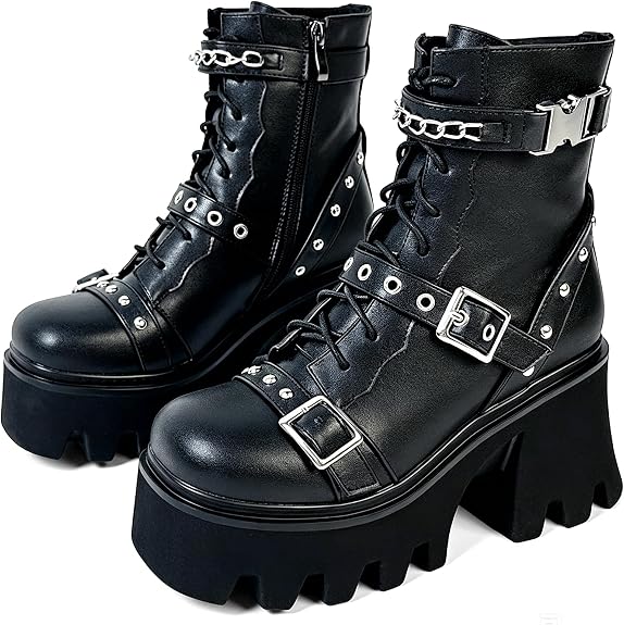 MEOTINA Platform Combat Boots Goth Chunky High Heel Punk Motorcycle Booties - sugar skull boots