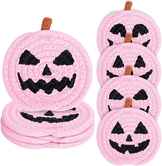 Whaline Halloween Pumpkin Cotton Coasters Pink Pumpkin Face Handmade Braided Drink Coasters Absorbent Cup Mats for Trick or Treat Party Home Table Decor, Set of 4 - skull coaster