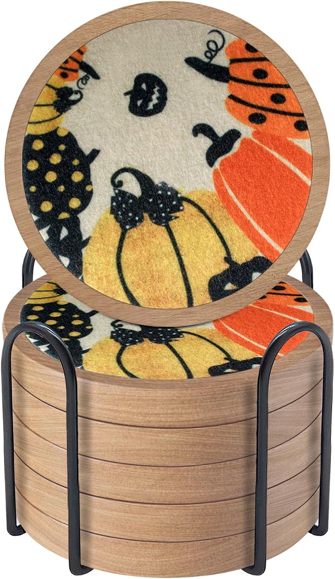 Fall Coaster Set of 6 Cewiru Halloween Coasters for Drinks Absorbent Cup Mats for Table Protection Unique Halloween Round Coasters for Coffee Table Kitchen Decor 4.3" - skull coaster