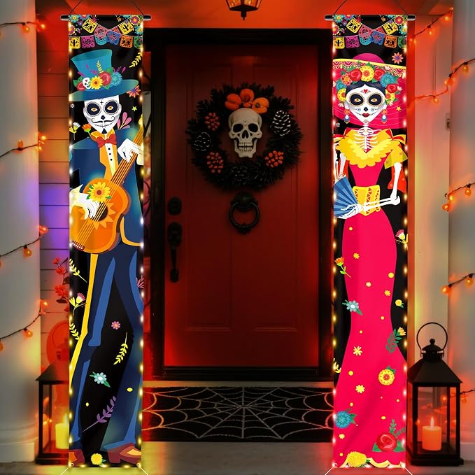 71 x 12 Inch Lighted Day of the Dead Dia de los Muertos Door Banner Decor - skull inflatable