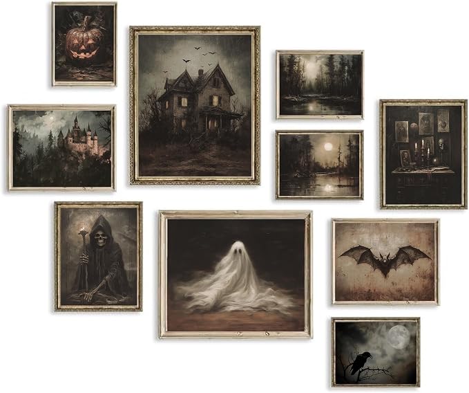 Dark Academia Decor Spooky Ghost Pictures Wall Decor for Home,Dark Moody Posters Gothic Wall Decor Horror Creepy Ghost Art Prints,Witchy Aesthetic Vintage Wall Art for Bedroom Bathroom,Unframed - skull painting