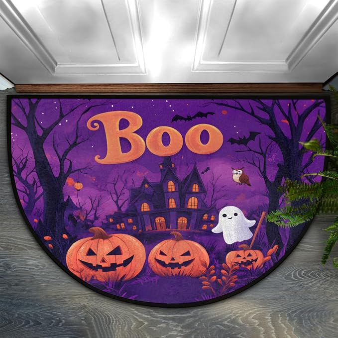 Halloween Castle Pumpkin BOO Half Round Door Mat, Non-Slip Welcome Indoor Entrance Way Rug Semi Circle Front Doormats Washable Bathroom Kitchen Floor Mat, Outdoor Rugs for Garage, Patio, Hearth Rug - skull toilet mat