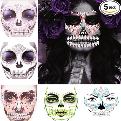 HyperFun Day Of The Dead Face Jewels For Women 5 Pack Skull Face Gems Skeleton Face Stickers For Halloween Cosplay Party Makeup - skull sticker