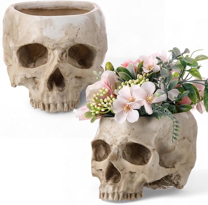 2 Pack Halloween Skull Planter, Beige, Vintage - skull candle