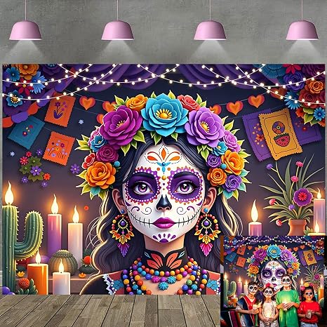 Dia De Los Muertos Backdrop Day of The Dead Sugar Skull Flowers Photography Background Mexican Fiesta Halloween Altar Party Decorations Banner Photo Props (8x6FT) - skull carpet