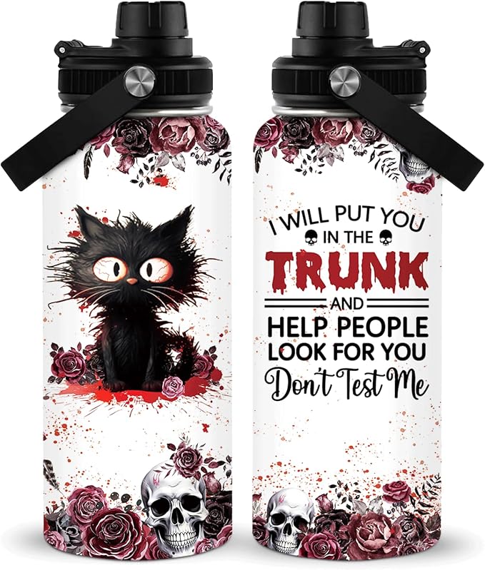 Cat Water Bottle 32 Oz, Horror Water Bottle, Horror Cup, Goth Gothic Insulated Cup, I Will Put You In The Trunk Halloween Gifts For Women Men Best Friends, Horror Gifts - skull bottle