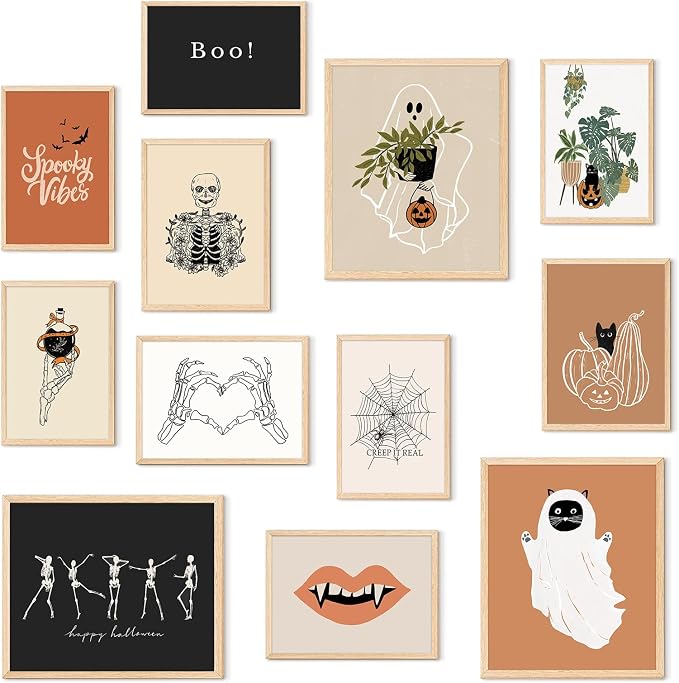 Aroutde 12Pcs Halloween Canvas Wall Art Cute Ghost Pumpkin Skull Boo Art Posters Aesthetic Spooky Wall Decorations for Bedroom Living Room Apartment (Unframed)