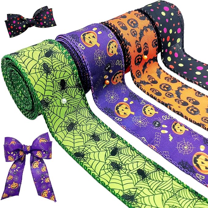 4 Rolls Halloween Wired Edge Ribbon 12 Yard Spider Web Bat Skull Pumpkin Dot Printed Ribbons Wrapping Ribbon for Halloween Party Bow Wreath Craft Decor - skull wreath