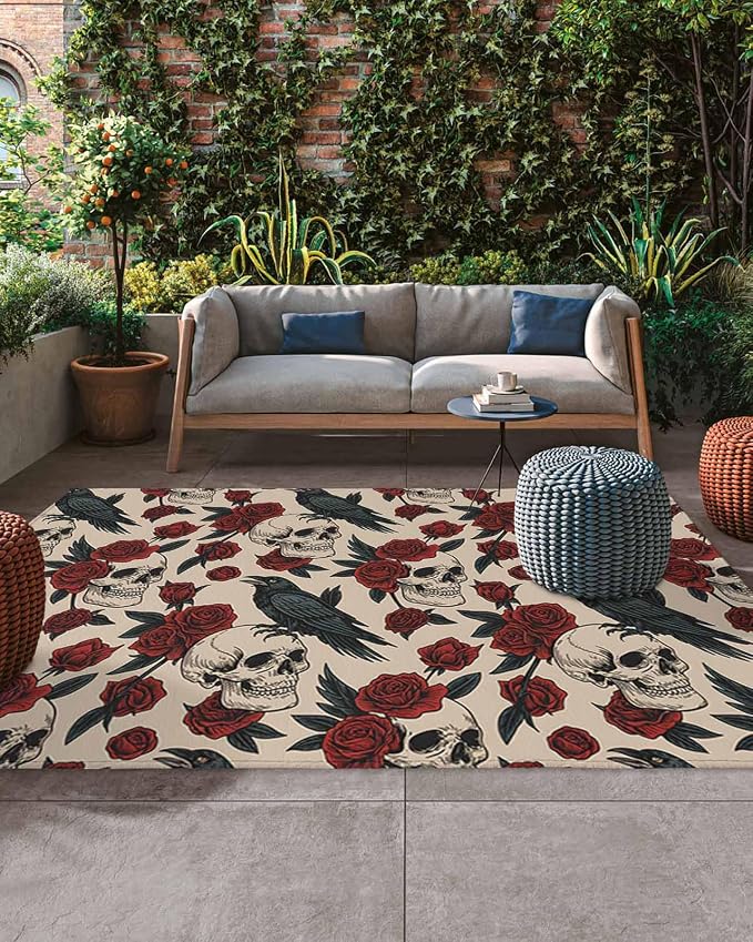 Halloween Outdoor Rug 4x6 ft Horror Skull Head Outdoor Large Area Rug Non Slip Rubber Crow Skeleton Red Rose Front Door Mat RV Rug Camping Carpet Patio Outdoor Rugs for Backyard Balcony Porch Indoor - skull carpet