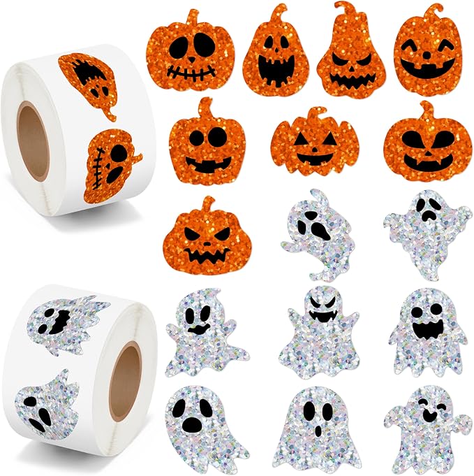 BeYumi Halloween Pumpkin Ghost Stickers - 1000Pcs Halloween Laser Pumpkin Ghost Boo Stickers in 2 Rolls Holographic Sparkly Glitter Adhesive Decals Gift Party School Classroom Envelope Decor for Kids - skull sticker