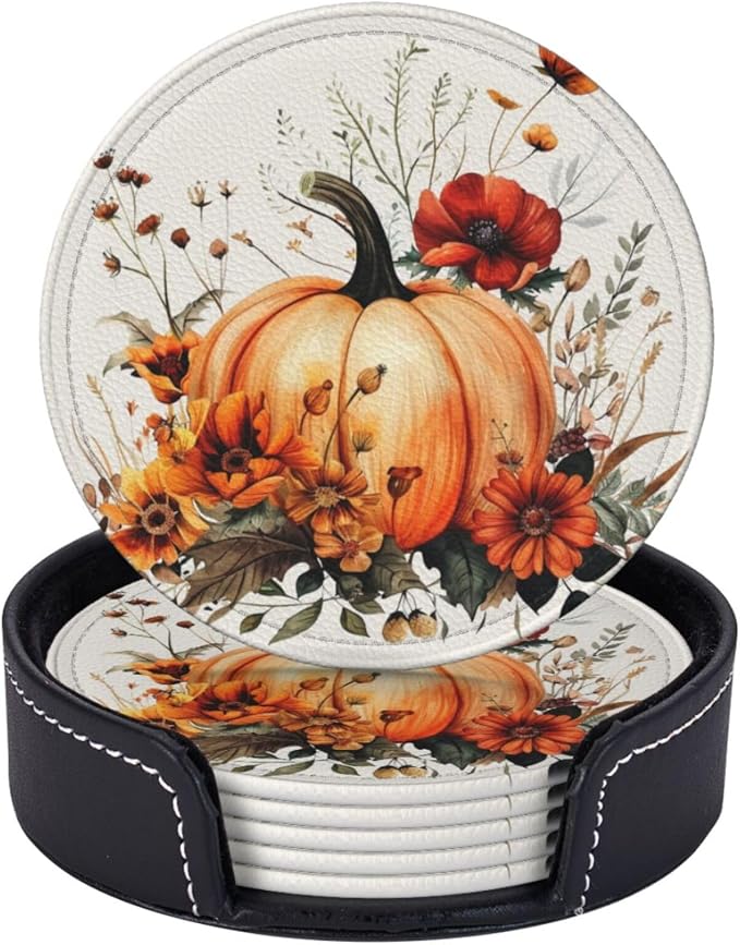 Fall Halloween Black Orange Pumpkin Floral Coasters for Drinks, Drink Coaster with Holder Set of 6 Round Leather Cup Table Mats for Tabletop Protection Coffee Bar Decor - skull coaster