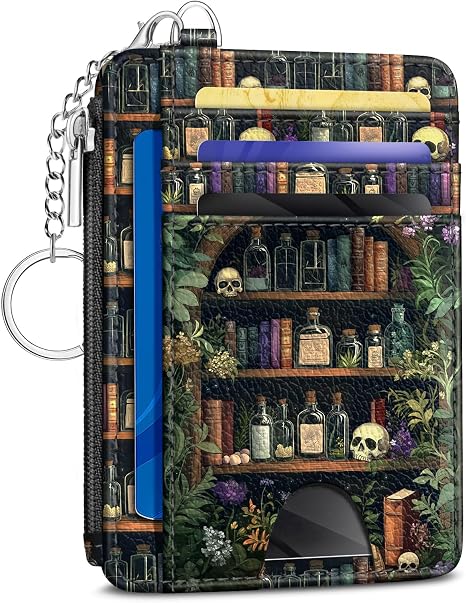 Kelvoris Credit Card Holder Small Wallet Women, Slim RFID, Goth Bookshelf - skull wallet