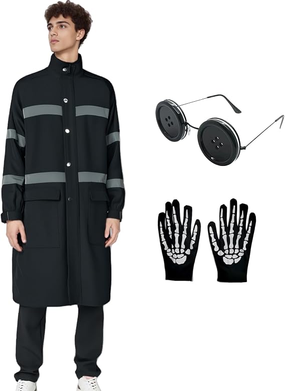 Men Raincoat Black Turtleneck Jacket Halloween Cosplay Costume Button Eyes Glasses Skull Gloves Set - skull jacket