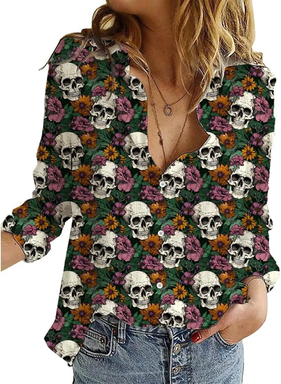 Holiday Button Down Shirts for Women V Neck Long Sleeve Tops - skull tshirt