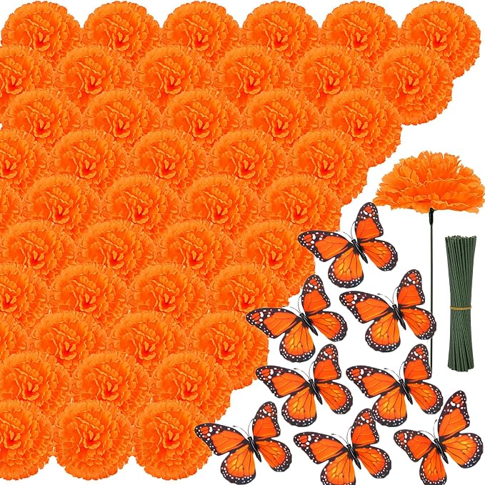 108pcs Artificial Marigold Flower with Stems, 2" Silk Cempasuchil Flowers - skull wreath
