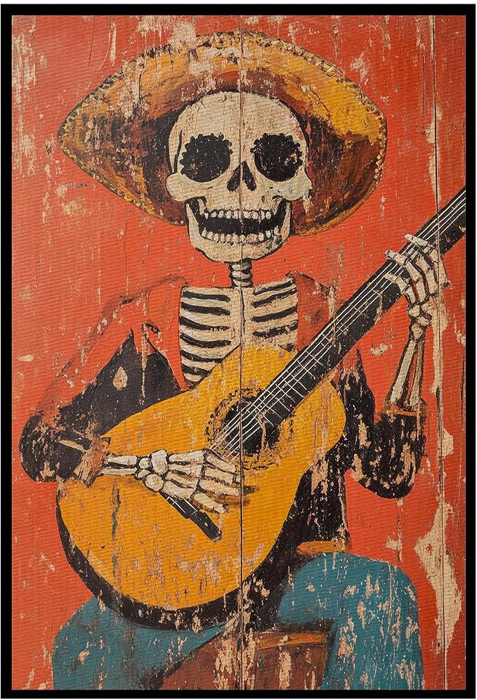 Funny Skeleton Canvas Wall Art Mexicano Culture Poster Skeleton Vaquero Playing A Guitarra Wall Art 16x24inch Unframed Decor Halloween Poster Living Room Bedroom Office - skull wall art