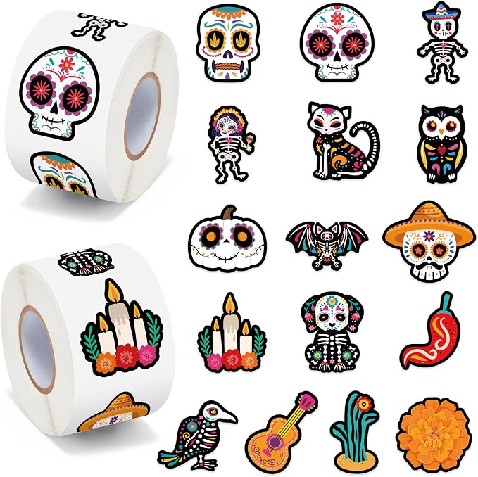 BeYumi Sugar Skull Roll Stickers - 1000Pcs Day of The Dead Stickers in 2 Rolls Dia de Los Muertos Sugar Skull Waterproof Vinyl Decals Halloween Mexican Festival Party Supplies Classroom Decor for Kid - skull sticker