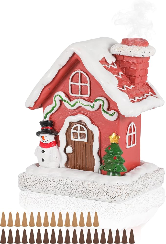 Christmas Incense Burner House – Hand-Painted Resin Gingerbread Cottage Village with Chimney Smoke Effect, Snowman & Tree – Christmas Decoration Indoor (House) - skull incense burner