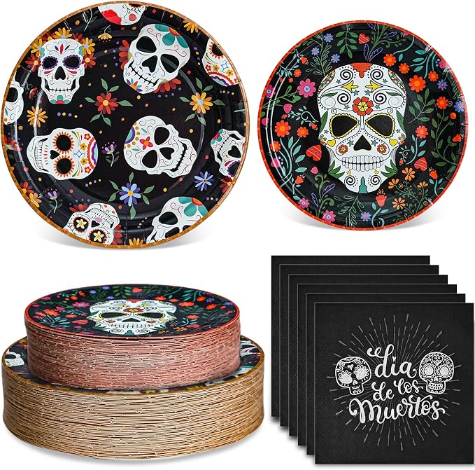 180PCS Day of The Dead Party Supplies – Sugar Skull Paper Plates and Napkins Set, Día de los Muertos Disposable Tableware for Mexican Theme Party Decorations - skull plate