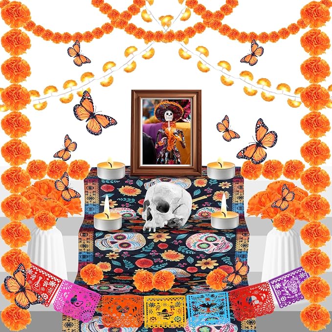 46 Dia De Los Muertos Decorations Ofrenda Kit Day of the Dead Altar Decor Set, 2 Marigold String Lights 2 Marigold Garland 30 Marigold Flowers&Stems 1 Skull Table Runner 20 Monarch Butterfly 1 Banners - string light
