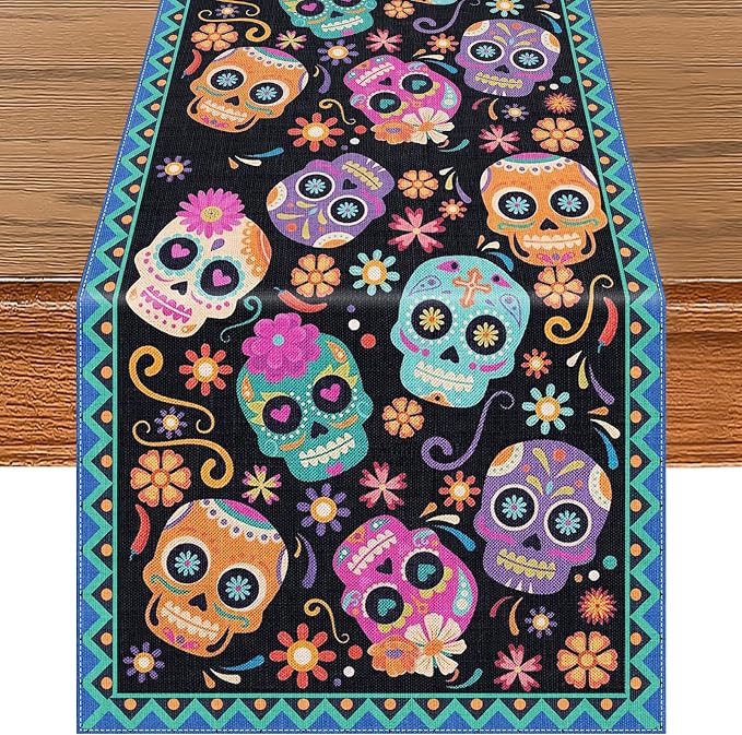 72 x 13 Inches Day of the Dead Table Runner, Colorful Sugar Skull Mexican Table Decor with Blue Border for Día de Los Muertos, Halloween, Taco Night, Cinco de Mayo Fiesta, Mexican-Themed Decorations - skull candle
