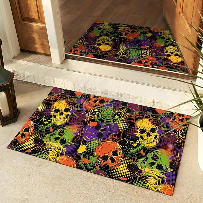 Colorful Halloween Door Mat 30 X 17 Inch Entrance Doormat Door Mats Welcome Doormat Front Door Mats for Indoor Outdoor - skull door mat