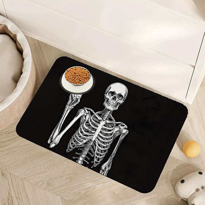 Funny Skull Skeleton Dog Food Mat for Floors,Absorbent Quick-Dry Pet Feeding Mat,Cat Dog Bowl Mats for Food and Water,Non-Slip Pet Accessories Supplies 16"x24" - skull floor mat