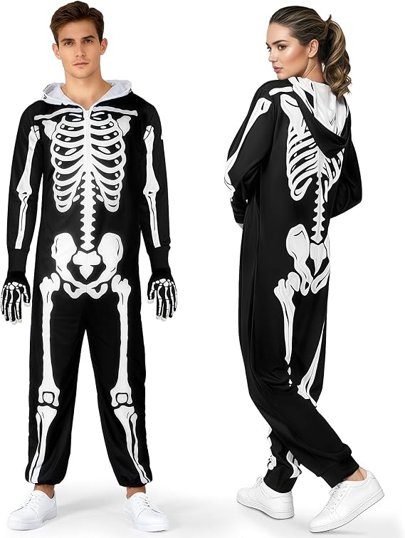 Halloween Skeleton Costume for Men, Skull Jumpsuit with Skeleton Gloves for Adult Cosplay Dress Up - skeleton
