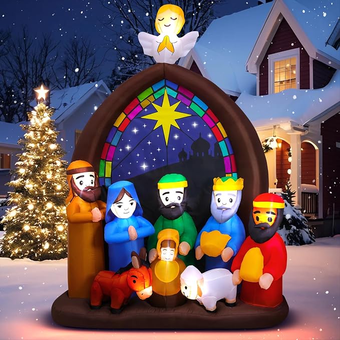 8FT Christmas Inflatables Nativity Scene Outdoor Decorations with LED Lights, Large Christmas Jesus Blow Up Yard Decorations Nativity Sets for Garden Lawn Church Display Xmas Decor - skull inflatable