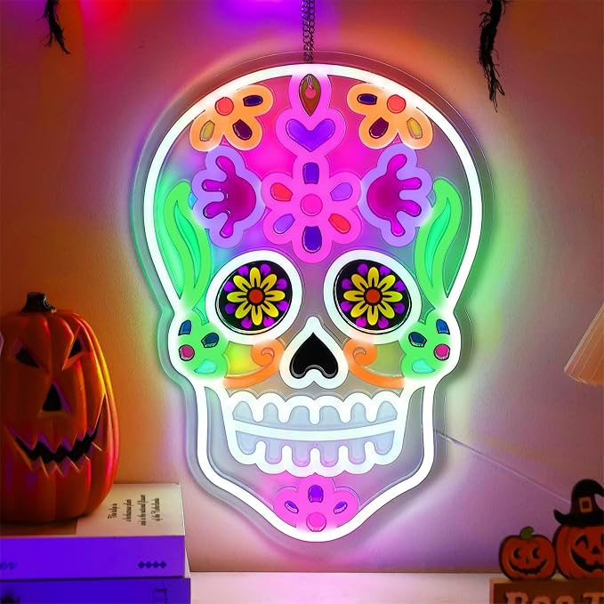 Halloween Day of the Dead Window Lights, Sugar Skull Acrylic Neon Signs - string light