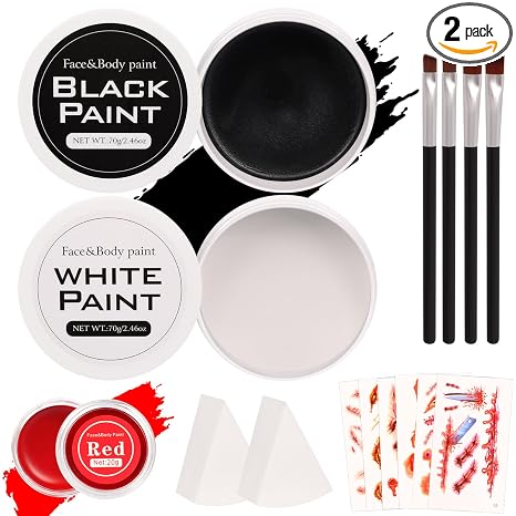 Halloween Makeup Kit for Adult, Black White Red Face Paint for Zombie Skeleton Clown Makeup with 4 Brushes, 2 Sponges, 6 Tattoos, Oil-based Face Painting Kit for Halloween Costume, Theme Cosplay - sugar skull makeup