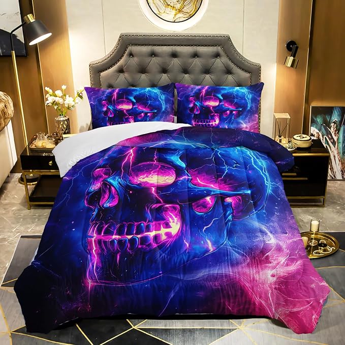 QOOMO 3Pcs Gothic Skull Comforter Set Full,Skeleton Bedding Set for Kids - skull bedding
