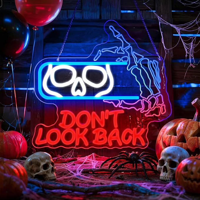 Halloween Skull Neon Sign – “Don’t Look Back” LED Neon Wall Light with Skull and Bone Hand Design,USB Powered Spooky Neon Decor for Haunted House,Bar,Bedroom,Man Cave,Halloween Party