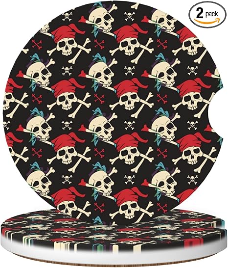 2 Pack Pirate Skull Crossbones Car Cup Holder Coasters, 2.56 Inch Anti Slip Ceramic Absorbent Coaster with Cork Base and Finger Notch Car Accessories Interior for Women & Men - skull coaster