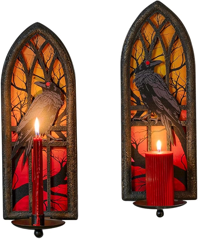 Gothic Wall Candle Sconces Set of 2, Wrought Iron Crow Wall Mounted Candelabra Holder with Removable Trays for Taper & Pillar Candles, Medieval Cathedral Window Design, Dark Academia Decor - skull lamp