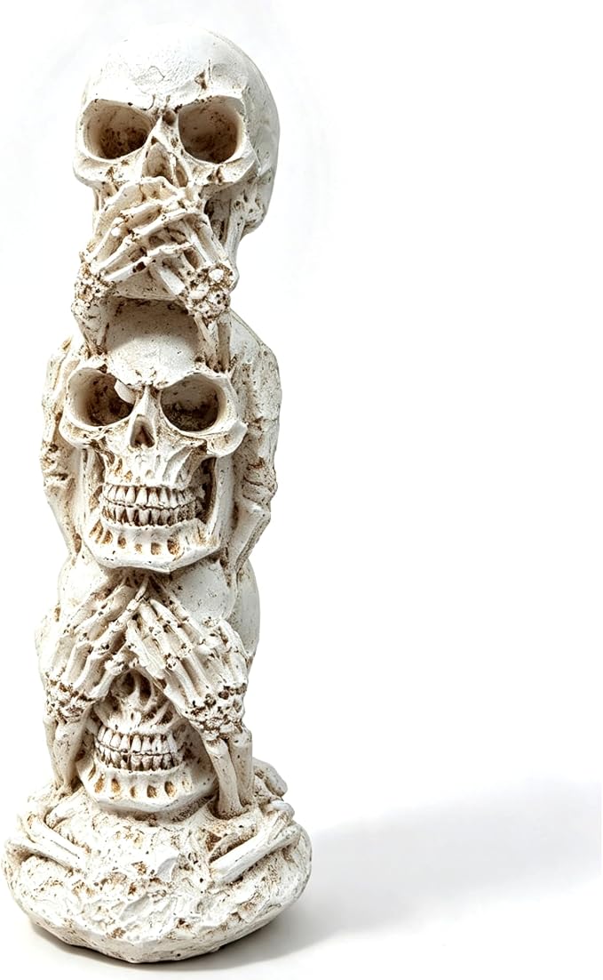 Three Wise Skulls Statue, Gothic Skeleton Figurine Halloween Decor - skull figurine