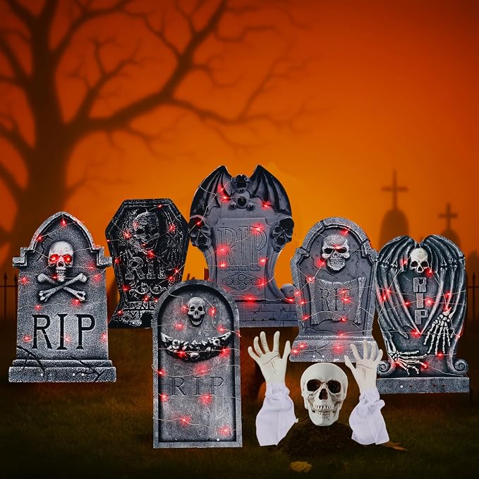 15 Pcs Metal Halloween Tombstones Yard Signs with Stakes,Red - string light