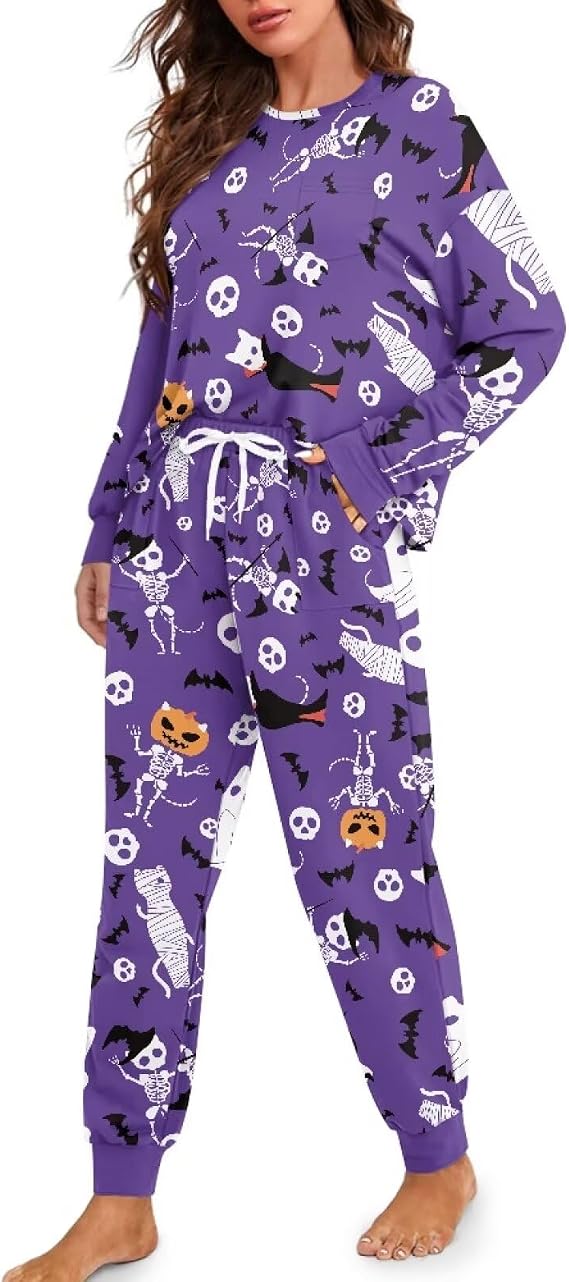 Halloween Pjs Women Drawstring Long Sleeve Pj Sets with Pockets for Pajamas Party - skull pajamas