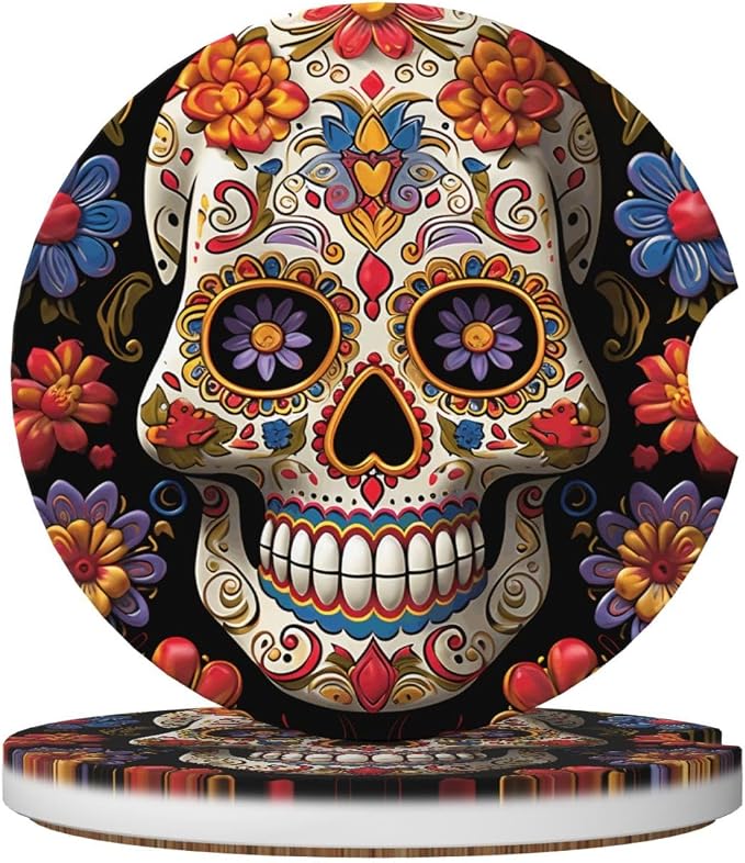 2 Pack Car Cup Coasters,Ceramic Absorbent Car Coaster for Cup Holders Universal Non-Slip Cup Mat with Finger Notch Sugar Skulls Car Interior Accessories 2.56" - skull coaster