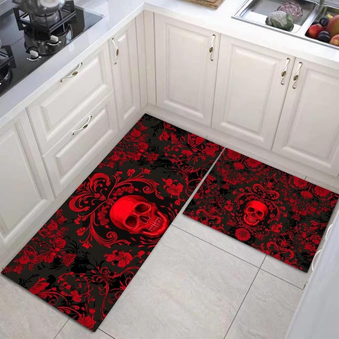 Kitchen Mats for Floor 2 Piece Set Gothic Skull Non Slip Kitchen Rugs Washable Vintage Damask Floor Mats Scarlet Thick Area Rug Runner for Hallway Entryway Laundry Bathroom - skull toilet mat