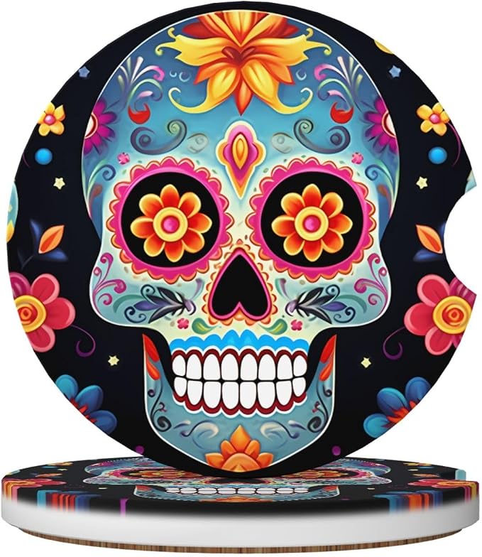 2 Pack Car Cup Coasters,Ceramic Absorbent Car Coaster for Cup Holders Universal Non-Slip Cup Mat with Finger Notch Sugar Skulls Car Interior Accessories 2.56" - skull coaster
