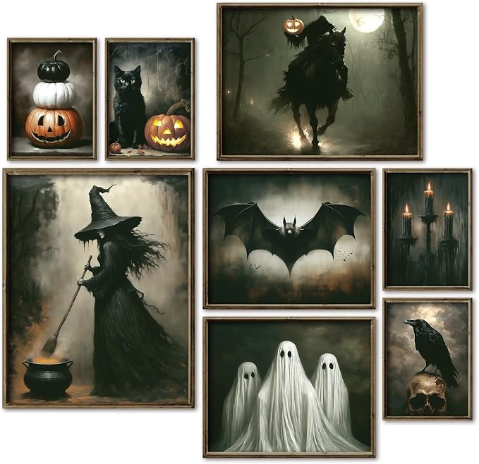 JarThenaAMCS 8Pcs Vintage Halloween Wall Art Prints Scary Headless Horse Witch Bat Ghost Art Poster Dark Goth Moody Wall Decor for Gallery Living Room Bedroom Decor (UNFRAMED) - skull wall art