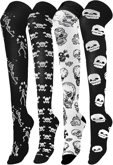 Fourluoo 4 Pairs Halloween Knee High Compression Sock,Skeleton, Skull,S/M - sugar skull costume